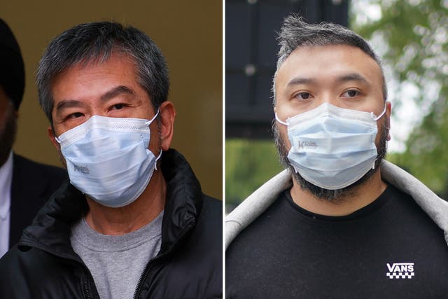 <p>Chung Biu Yuen (left) and Chi Leung Wai (right) leave Westminster Magistrates’ Court, central London</p>